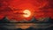 Romantic Moonlit Seascapes: A Red Sunset Over Water And Mountains