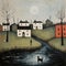 Romantic Moonlit Seascapes: A Rustic Figurative Painting Of A River With Houses And Dogs