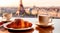 romantic morning in Paris. Cup of coffee with croissants against parisian background