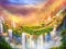 Romantic mountain landscape with waterfalls and columns, background, digital art