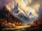 Romantic mountain painting with majestic peaks, snowy summits, and stunning color - generative AI