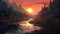 Romantic Mountain Sunset Painting In 2d Game Art Style