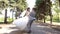 Romantic newly married couple dancing waltz in the park on their wedding day.