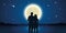 Romantic night couple in love at the sea with full moon and falling stars