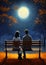 Romantic Night Under the Autumn Moon: A Couple\'s Date on a Park Bench