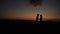 Romantic outdoor portrait of the couple silhouettes giving each other hands, hugging and kissing during the sunset
