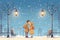 romantic pair by street lamps with falling snowflakes