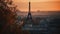 Romantic Paris skyline at dusk, illuminated by sunset generated by AI