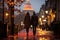 Romantic Parisian street at dusk, Valentine\\\'s Day, couples walking hand in hand.