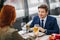 Romantic pastime of young caucasian couple in restaurant