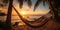 Romantic photo of hammock against the backdrop of a sunset on the ocean. Generative AI