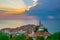 Romantic picturesque sunset over old town of Piran, Slovenia