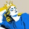 Romantic Pop Art Illustration Of A Crowned Lady On Blue Background