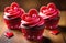 Romantic postcard with cupcakes on grey wooden table background. Valentines day, Mothers day food concept image. Banner