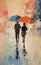 Romantic Rain Painting: Two People Embracing Love In Orange And Blue