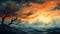 Romantic Realism: Trees In The Ocean On Sunset Background Hd