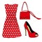 Romantic red polka dots dress, shoe and handbag on white