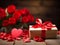 Romantic Red Roses and Hearts Display with Curled Ribbon, Blank Message Card, and Wrapped Gift. Generative Ai