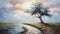 Romantic Riverscape Majestic Oil Painting Of A Tree On The Road
