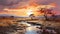 Romantic Riverscapes: A Digital Painting Of A Serene Savanna River