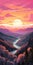 Romantic Riverscapes: Vibrant Neo-traditional Illustration Of Mountains And Trees In Sunset