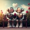 Romantic robot couple in love holding hands, Valentine\\\'s Day (