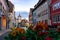 romantic Rothenburg ob der Tauber in the evening with springflowers