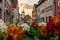 romantic Rothenburg ob der Tauber in the evening with springflowers