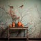 Romantic Rural China: Two Birds On Windowsill With Orange Vases