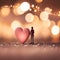 A romantic scene of a couple holding hands with a blurred heart-shaped bokeh in the background