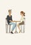 Romantic scene with a couple in love. Young man and woman at the table. Vector illustration.