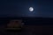 Romantic scene of old vintage car with couple inside and Moon on sky at night. Silhouette love and car on Full Moon Background. Se
