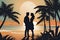 A romantic scene of a woman and a man, in a silhouette, at a whimsical sandy beach, with palm tree, plants, sunset, love scene