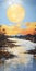 Romantic Scottish Landscape Painting: Sun Setting Over River