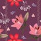 Romantic seamless floral pattern with red and pink lilies, abstract umbrella flowers and leaves of clover on brown background