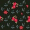 Romantic seamless floral pattern with stylized umbrella flowers, red roses and lilies isolated on black background in vector.