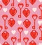 Romantic seamless pattern with bright red skeleton key and heart shaped lock on pink background. Retro vector design texture for