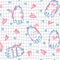 Romantic seamless pattern with cats and hearts on grid distorted background. Hippie aesthetic print for fabric, paper, T-shirt.