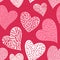 Romantic seamless pattern with cute images of hearts on a pink background. The style of children`s drawing.