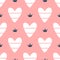 Romantic seamless pattern with cute striped hearts and crowns. Drawn by hand.