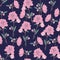 Romantic seamless pattern with gorgeous blooming garden flowers on dark background. Natural realistic vector