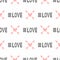 Romantic seamless pattern with hashtag Love and hearts with arrows. Cute print. White, pink, black.