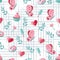Romantic seamless pattern in pink and mint colors with hearts, butterflies and sweets.