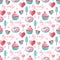 Romantic seamless pattern in pink and mint colors with sweets, hearts, cupcakes, donuts and calligraphy.