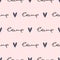 Romantic seamless pattern. Repeating heart and handwritten text Love.