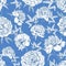 Romantic seamless pattern with tender peony flowers hand drawn with contour lines on blue background. Natural backdrop