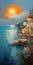 Romantic Seascape: A Detailed Oil Painting Of The Amalfi Coast In Italy