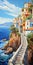 Romantic Seascape: Stunning Waterfall And Homes Along Amalfi Coast