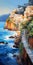 Romantic Seascape: Stunning Waterfall And Homes Along Amalfi Coast