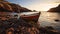 Romantic Seascapes Old Red And White Boat On The Shore